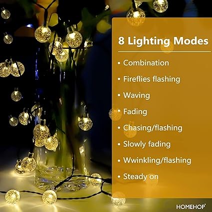 Solar Outdoor LED Crystal Ball String Lights – 8 Modes, Waterproof, Rechargeable